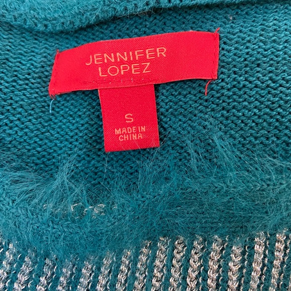 Jennifer Lopez Flirty Fuzzy Silver Metallic Eyelash Teal Sweater Women’s Size Sm - Picture 5 of 5